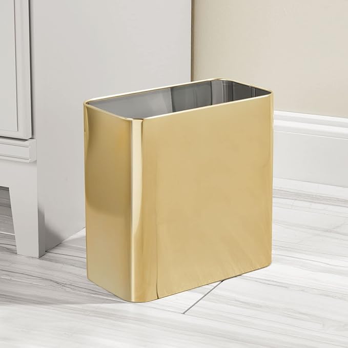 mDesign Modern Compact Freestanding MetalToilet Bowl Brush and Rectangle Open Wastebasket Garbage Can Combo Set for Bathroom Storage - Sturdy, Deep Cleaning - Set of 2 - Brass