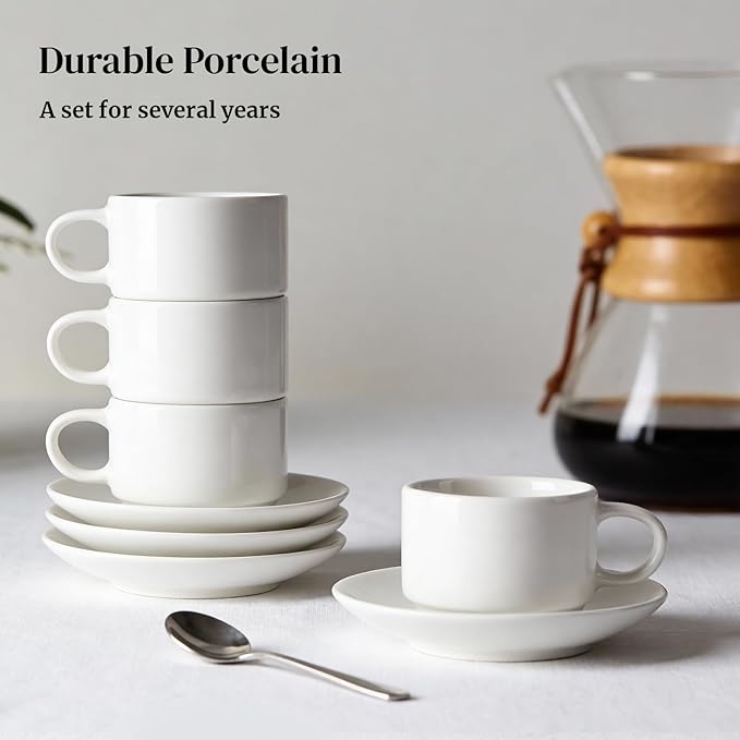 DOWAN 2.5 OZ Stackable Espresso Cups, Porcelain Coffee Cups with Saucers Set of 4, White Espresso Shot Cup, Tea Cups for Home, Office and Cafe Use