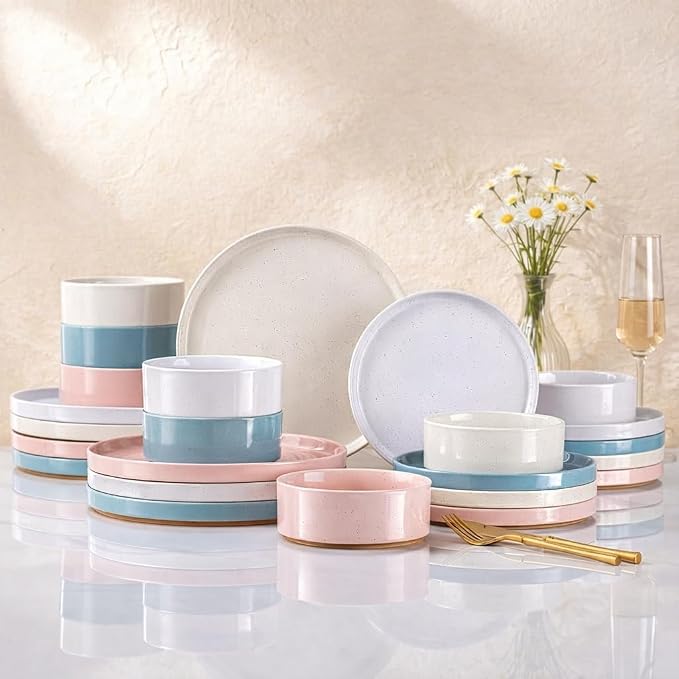 AmorArc Ceramic Dinnerware Set for 8 | Handpainted Stoneware Plates and Bowls with Rustic Terracotta Underside| Scratch Resistant,Dishwasher & Microwave Safe Dishes Sets- 24pcs Colorful