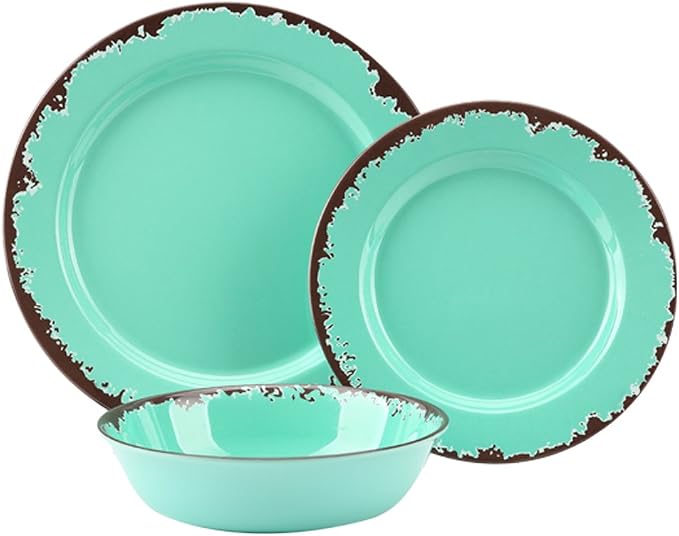 Rustic Melamine Dinnerware Set,12-Piece Plates and Bowls Sets,Yinshine Unbreakable Melamine Dish Set,Lightweight,Service for 4,Dishwasher Safe,Green