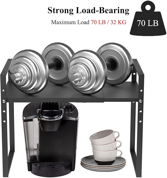 2 Tier Expandable Microwave Oven Rack, Height Adjustable Heavy Duty Microwave Toaster Countertop Stand Metal Shelf Rack, Pantry Shelf Organizers for Kitchen Counter Organization, Black