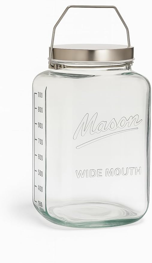 kitchentoolz Large 2 Gallon Glass Mason Jar with Big Airtight Metal Lid and Carry Handle – Wide Mouth Square Container with Measurements for Dry Goods, Bulk Storage, and Food Prep