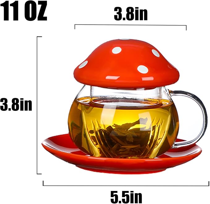 Mushroom Cup Cute Glass Tea Cup with Infuser and Lid Kawaii Mushroom Mug Set Coffee Teapot with Ceramic Coasters 11oz (Blue)