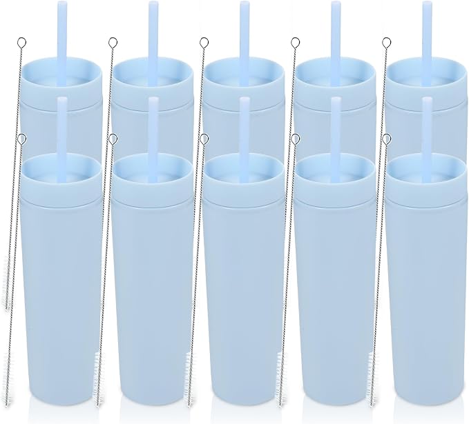 Volhoply 16oz Plastic Skinny Tumbler with Lid and Straw Bulk 10 Pack,Insulated Double Wall BPA Free Matte Acrylic Tumblers,Iced Coffee Travel Mug Reusable Party Cup,Customizable Diy Gifts(Blue,10 Set)