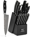 NANFANG BROTHERS Damascus Kitchen Knife Set 14 Pieces with Shears & Sharpener - VG10 Damascus Steel, ABS Ergonomic Handle, Wooden Block Storage Black