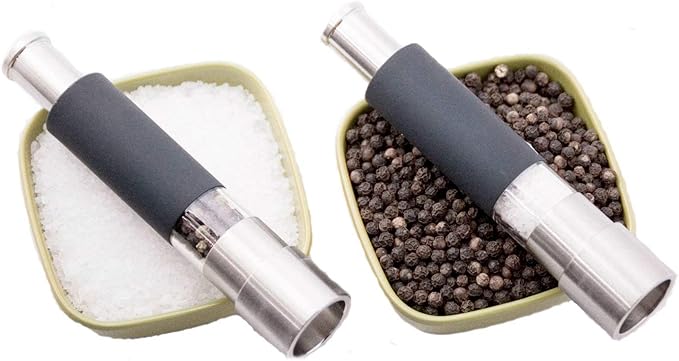 Grind Gourmet Salt and Pepper Grinder Set, Refillable, Pump & Grind, Thumb Press (Reflex Black Set)
