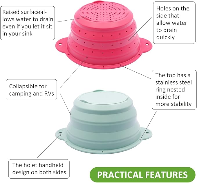 Collapsible Silicone Colander Bowl Set,BPA Free, Heat Resistant, Stainless Steel Nesting, Portable Washing Basket Strainer Drain Basin for Pasta, Vegetable and fruit, Kitchen, Camping, Hiking