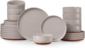 E-far 24-Piece Ceramic Dinnerware Sets, Plates and Bowls Sets for 8, Stoneware Dishware Dishes Set with Terracotta Base, Chip & Scratch Resistant, Microwave & Dishwasher Safe, Speckled Khaki