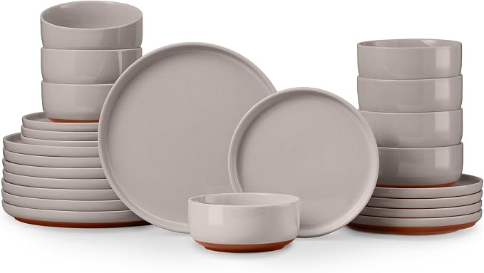 E-far 24-Piece Ceramic Dinnerware Sets, Plates and Bowls Sets for 8, Stoneware Dishware Dishes Set with Terracotta Base, Chip & Scratch Resistant, Microwave & Dishwasher Safe, Speckled Khaki