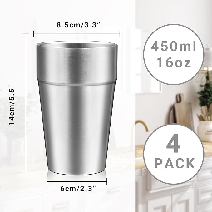 Metal Cups For Drinking, 16 oz Insulated Tumbler, 4 Pack Double Wall Unbreakable Stackable Water Tumblers Insulated Stainless Steel Cups Premium Glasses for Travel Camping Home Outdoor
