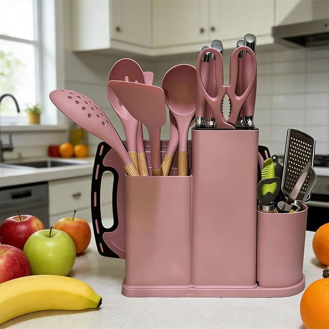 Kitchen Utensils and Knives Set, 20PCS Knife and Cooking Spoon Tools Set with Storage Holder, Sharp Stainless Steel Knife Sets with Bread, Chef Knife (Pink)