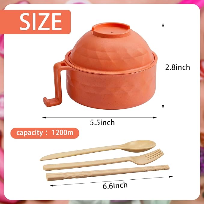 2 Sets Microwave Ramen Bowl 40 oz Wheat Fiber Portable Instant Noodle Cooker Bowl with Handles Strainer Spoon Chopstick Fork College Dorm Room Apartment Essentials(Yellow,Orange)