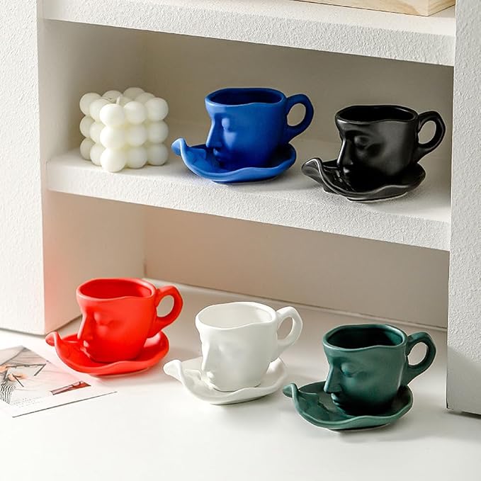 Human Face Ceramic Coffee Mug, 8.8oz/260ml Kissing Coffee Cup with Saucer Coffee Spoon, Tea Cup Milk Latte Espresso Cappuccino Juice Beverage Iced Tea Water Cups Drinkware (Black)