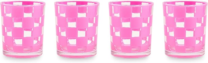 MACKENZIE-CHILDS Set of 4 Acrylic Tumblers, Open Tumbler Cups, Acrylic Cups, 14 Ounces, Pink Check