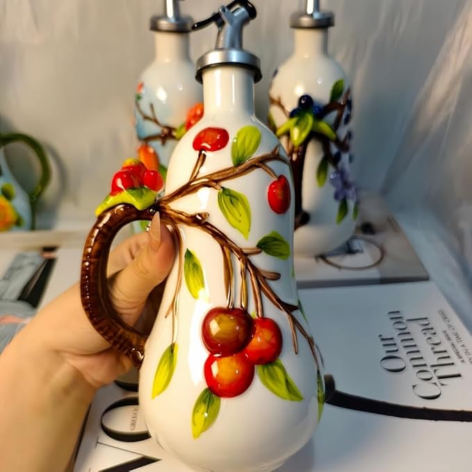 18.26oz/540ml Ceramic Olive Oil Dispenser Bottle,Hand Painted Reliefs Oil Dispenser for Kitchen,Oil Bottles for Kitchen (Cherry)