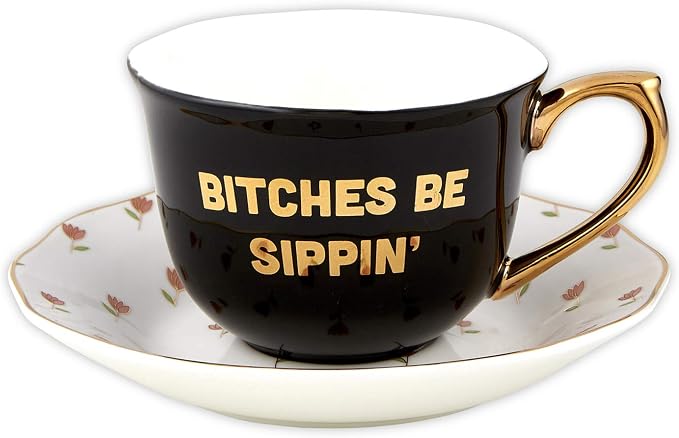 Slant Collections Ceramic Tea Cup and Saucer Set, 5-Ounce, Bitches Be Sippin
