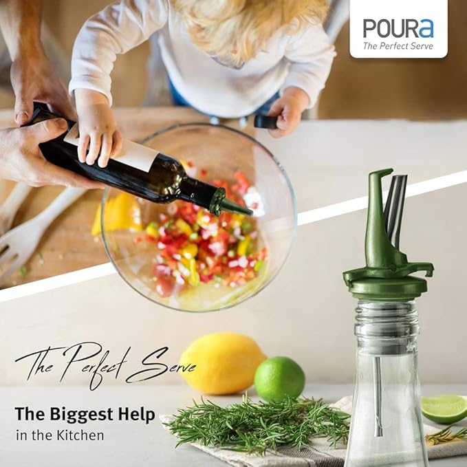 AIRTIGHT Olive Oil Pour Spout for Olive Oil Dispenser - UK Patented Oil Pourer - Hygienic One Handed Open Close Mechanism Keeps Oil Fresh. Dust Caps Cover | Screens Alternative - Green 2 PCs