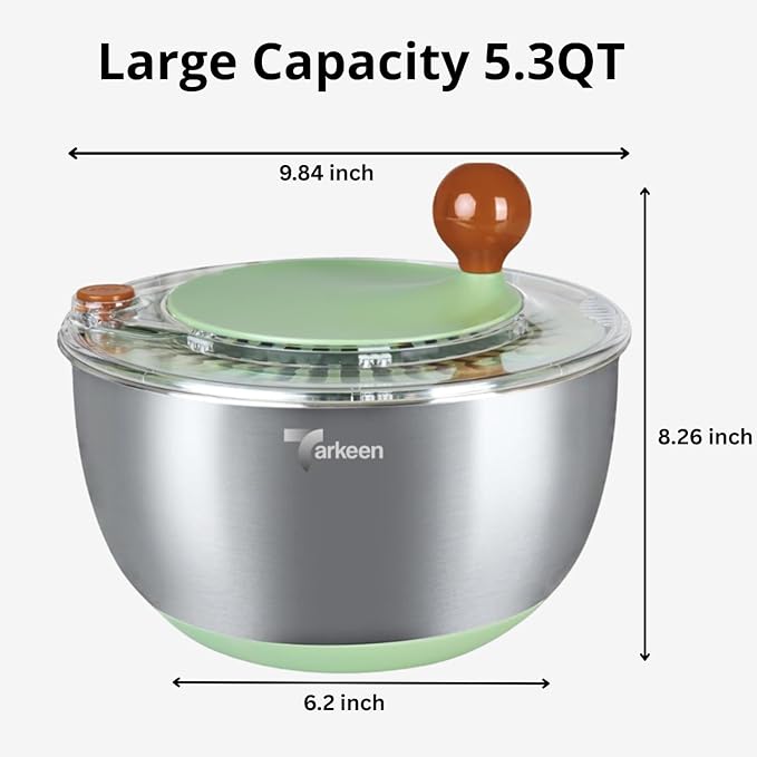 Stainless Steel Salad Spinner Large, BPA-Free Lettuce Spinner, 3-in-1 Salad Bowl & Fruit Cleaner with Non-Slip Base, Dishwasher Safe, 5 Blade Slicer & Egg Yolk Separator, 5.3Qt