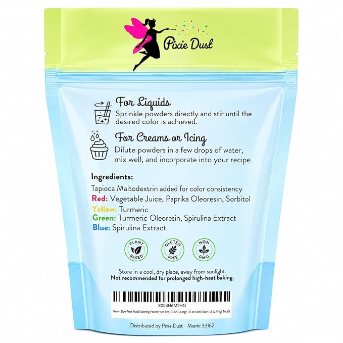 Pixie Dust Natural Food Coloring Powder Set of 4, Red, Yellow, Blue, Green, Dye Free Plant Based Cake Decorating Colors for Icing, Frosting & Drinks, Flavorless, Kosher, Vegan, Non Toxic, .38 oz Each Color 1.5 oz - 44gr