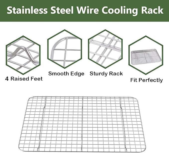 ROTTAY Quarter Baking Sheet Pan with Wire Rack Set [2 Pans + 2 Racks], Stainless Steel Cookie Sheet for Oven, Warp Resistant & Heavy Duty & Rust Free, Size 12 x 10 x 1 Inches