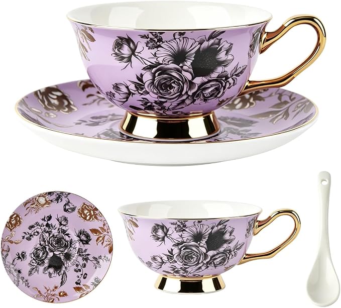 Bone China Tea Cup and Saucer Set for 1 with Spoon, Floral, 6.76 oz