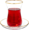 Vikko Turkish Tea Glasses & Saucers, Set, 6 Cups and 6 Plates, 5.5 Oz Tea Cups, Turkish Glass Tea Set For Six, Clear Glass Tea Cups And Saucers, Gold Accented