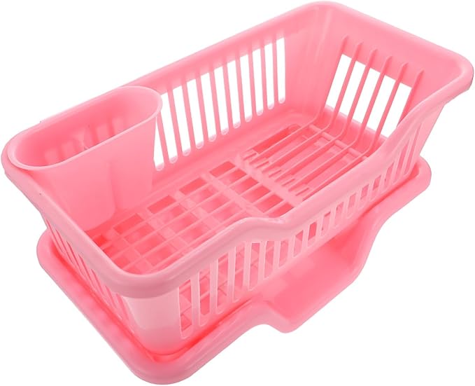 IMIKEYA Sink Dish Rack Drainer Plastic Dish Drying Draining Rack Over The Sink Kitchen Tableware Drying Basket with Cutlery Holder for Kitchen Counter Pink