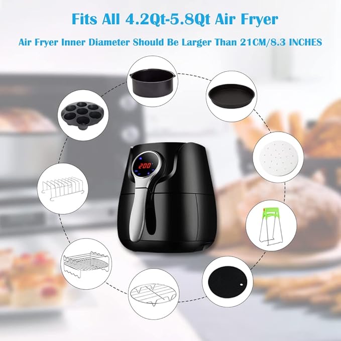 8 Inch Air Fryer Accessories Set of 10 for 3.5Qt-5.8Qt Phillips Nuwave Gowise Gourmia Ninja Dash Air Fryer, with Egg Bites Mold, Pizza Pan, Cake Barrel, Skewer Rack, Silicone Mat, Air Fryer Liners
