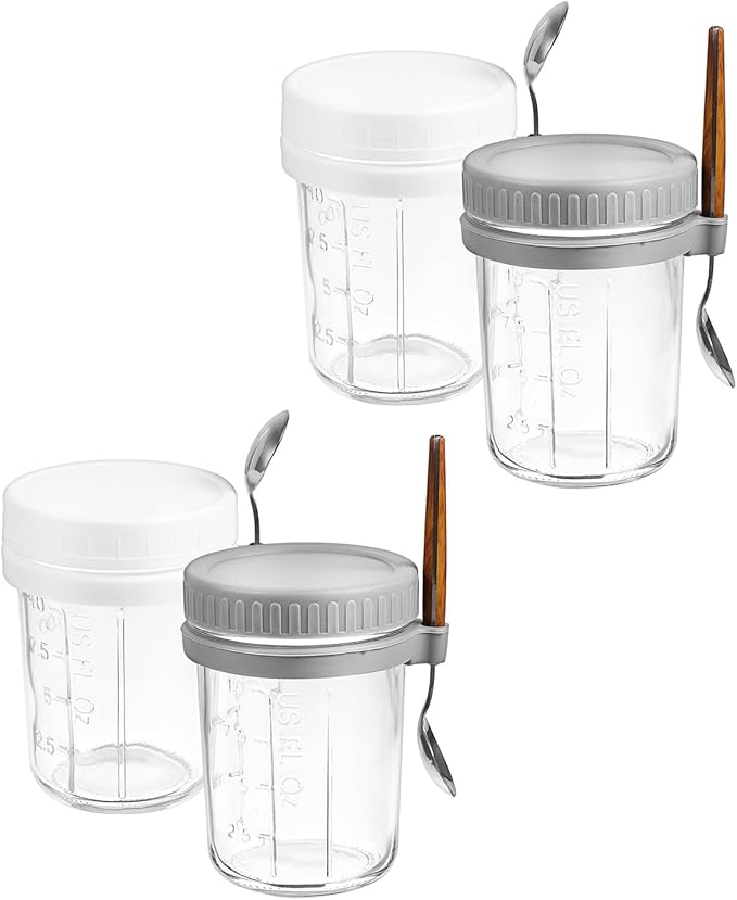Garneck 4pcs Glass Overnight Oats Jars with Spoons 350ml Reusable Yogurt Cups Airtight Food Storage Containers for Breakfast Meal Prep and Cereal Storage
