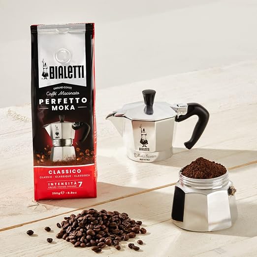 Bialetti 6 Cup Moka Pot and Coffee Ground Bundle 8.8oz Bag with Medium Roast Italian Ground Blend - Stovetop Espresso Maker Morning Brew Barista Style Café Home Brewing Daily Use Kitchen Appliance Set