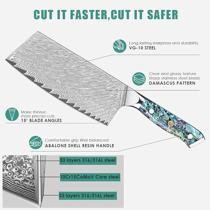 KEENZO Meat Cleaver Knife 7 inch, Razor Sharp Professional Chef Knife, Hand Forged Kitchen Knives, Japanese 67-Layers Damascus Steel Cooking Knife, Ergonomic Abalone Shell Resin Handle,Gift Box