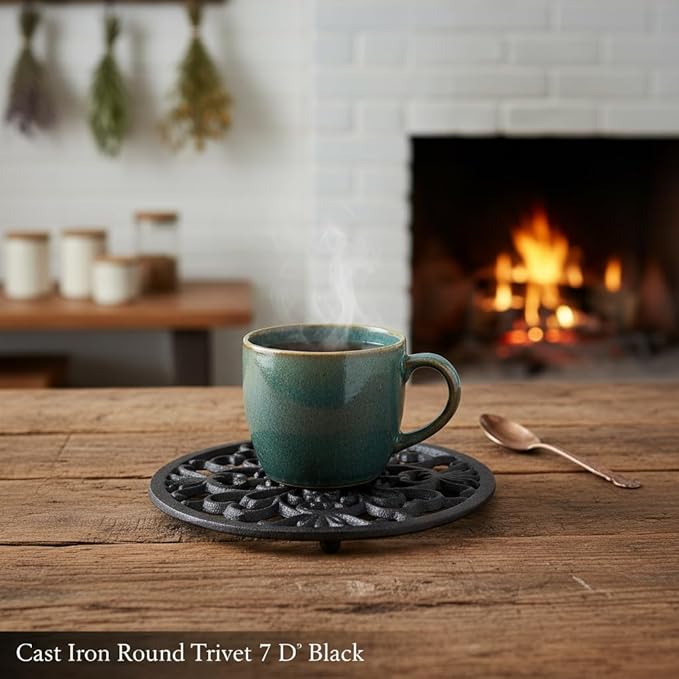 Comfy Hour 7" Decorative Cast Iron Trivet, Round Mandala Hot Pot Holder for Kitchen, Vintage Style Teapot Stand and Hot Pad, Rugged Table Protector for Hot Dishes, Black Finish, 1 Piece