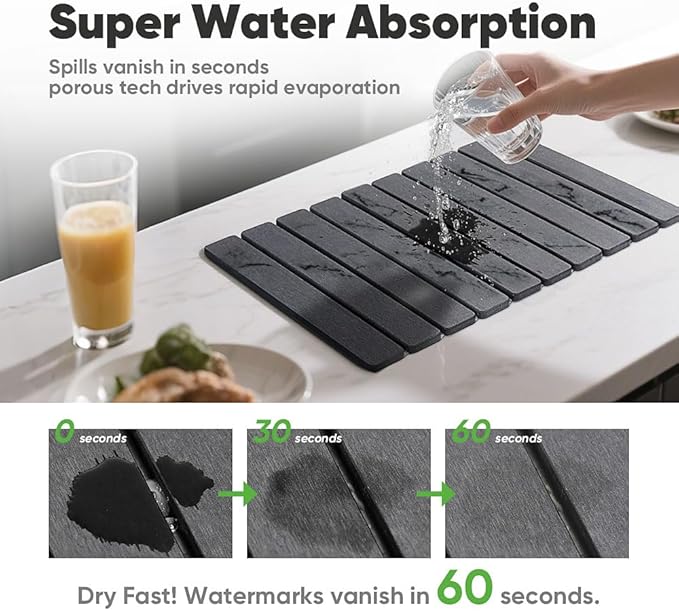 Stone Drying Mat for Kitchen Counter, Quick Diatomaceous Earth Mats for Dishes, 23.6"L x 15.7" W Super Absorbent Fast-Drying Collapsible Countertop Stone Mat (Marble Grey, 24" x 16")