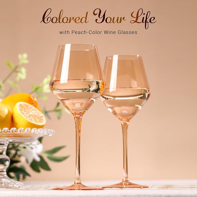 Peach Color Wine Glasses Set 6-16oz Blush Pink Wine Glass with Stem-Hand Made Light Peach Wine Glass-Unique Pastel Pink Wine Glasses for Women Party