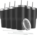 30oz Stainless Steel Travel Mug with Lid, 6 Pack Double Wall Vacuum Insulated Bulk Tumbler with 6 Straws, Powder Coated Coffee Cup Suitable for Vehicle Cup Holders(Black)