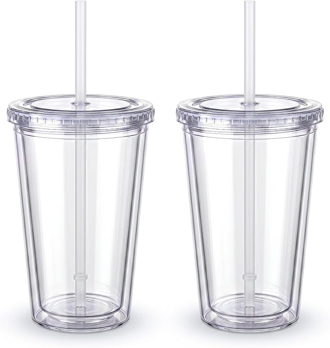 Zukro Clear Acrylic Tumbler with Straw and Lid 16 oz, Double Walled Insulated Reusable Plastic Iced Coffee Cup, To Go Cup Perfect for Office, Home, Parties, Fit in Cupholder, BPA Free, 2 Pack