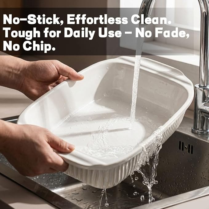 Artena Baking Dish 5.1 Quarts, Casserole Dishes For Oven, Baking Pan With Handles, Lasagna Pan Deep, Large Casserole Dish, Rectangular Ceramic Bakeware (White, With Rack)