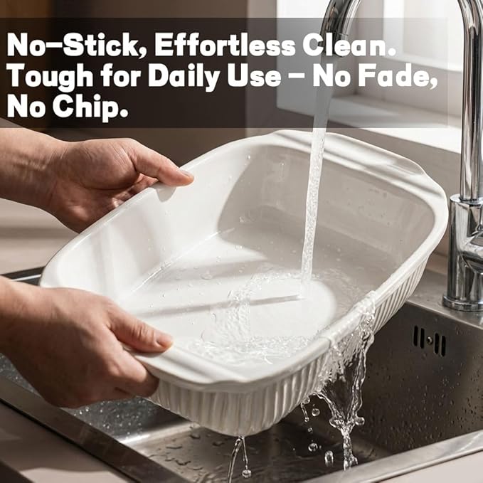 Artena Baking Dish 2.3 Quarts, Casserole Dishes For Oven, Baking Pan With Handles, Lasagna Pan Deep, Large Casserole Dish, Rectangular Ceramic Bakeware (White, With Lid)