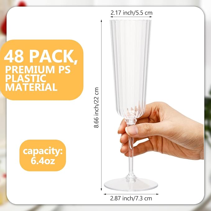 Jingmore 48 Pcs Plastic Ribbed Champagne Flutes With Stem, 6.4 oz Clear Vintage Disposable Champagne Glasses for Wedding Birthday Anniversary (Clear)