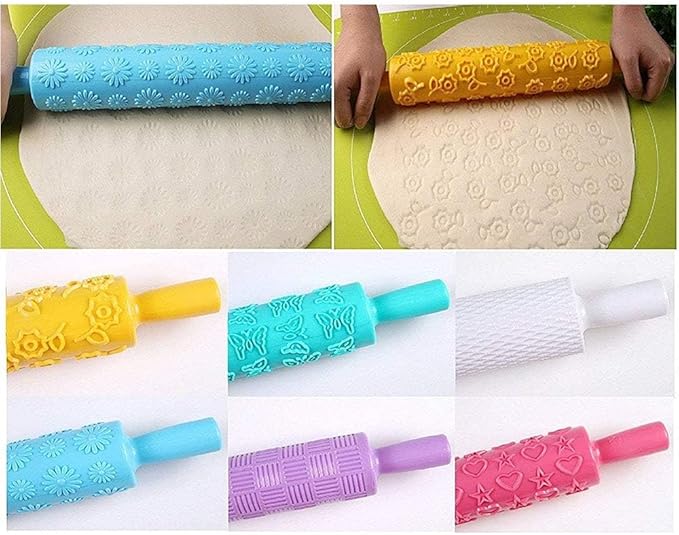 8pcs Colourful Cake Decorating Embossed Rolling Pins,Textured Non-Stick Designs and Patterned,Ideal for Fondant, Pie Crust,Cookie,Pastry,Icing,Clay,Dough