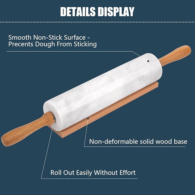Marble Rolling Pin With Stand, 18.1-Inch Polished Non-Stick Stone Dough Roller With Wooden Handles for Baking Pasta, Pizza, Cookies, Pie Crust, Kitchen Pastry Tools (1, Light Grey, 18.1)