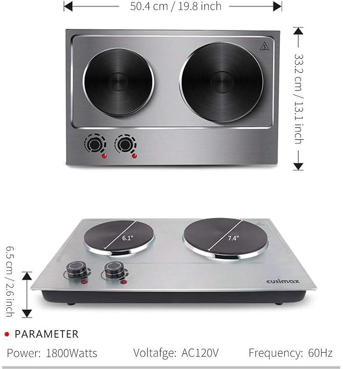 CUSIMAX 1800W Double Hot Plate, Stainless Steel Silver Countertop Burner Portable Electric Double Burners Electric Cast Iron Hot Plates Cooktop, Easy to Clean, Upgraded Version C180N