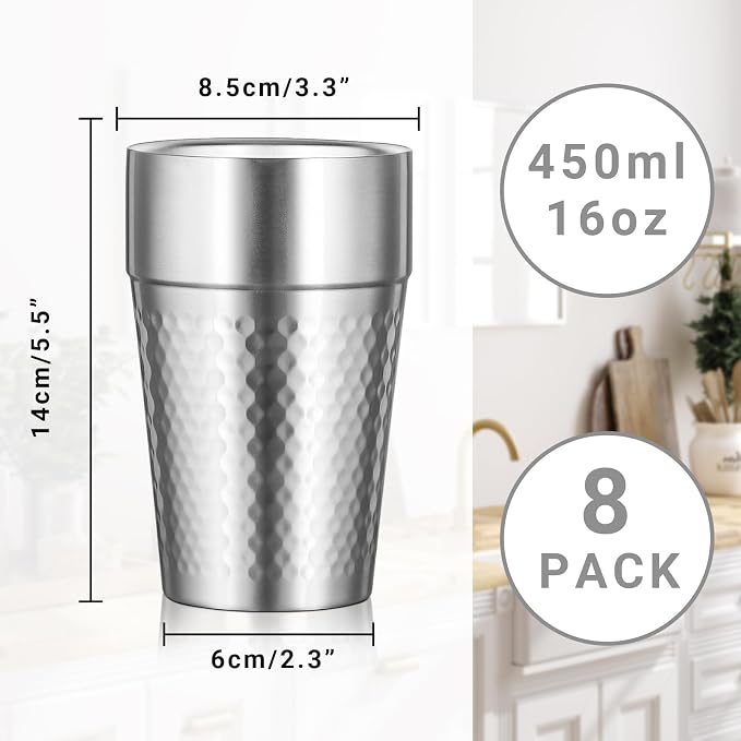 Stainless Steel Double Wall Cup, 16 oz Insulated Tumbler, 8 Pack Unbreakable Stackable Water Tumblers Insulated Metal Cup Premium Drinking Glasses for Travel Camping Home Outdoor