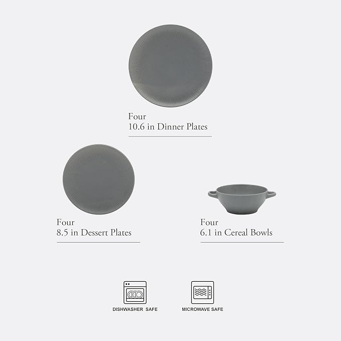 Gibson Elite Clover Hill 12-Piece Stoneware Dinnerware Set – Dark Blue Embossed Plates and Bowls with Matte Speckled Reactive Glaze, Service for 4 – Microwave & Dishwasher Safe
