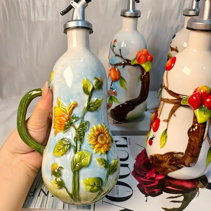 18.26oz/540ml Ceramic Olive Oil Dispenser Bottle,Hand Painted Reliefs Oil Dispenser for Kitchen,Oil Bottles for Kitchen (Sunflower)