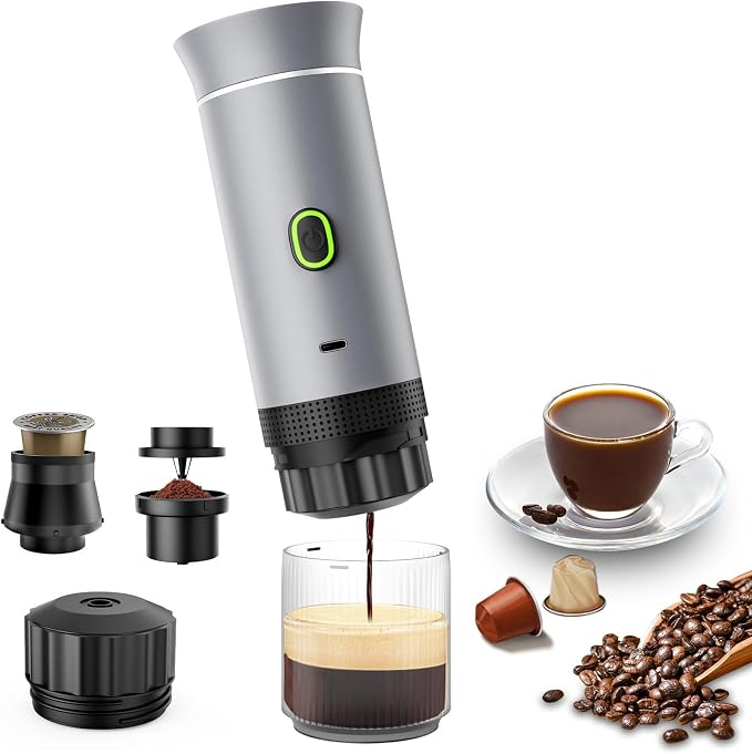 Portable Espresso Maker, Travel Coffee Maker for camping, Portable Espresso Machine with USB-C, 3-in-1 Small Espresso Machine with Ground Coffee & Capsules (NS＆DG) for RV, Hiking (Silver)