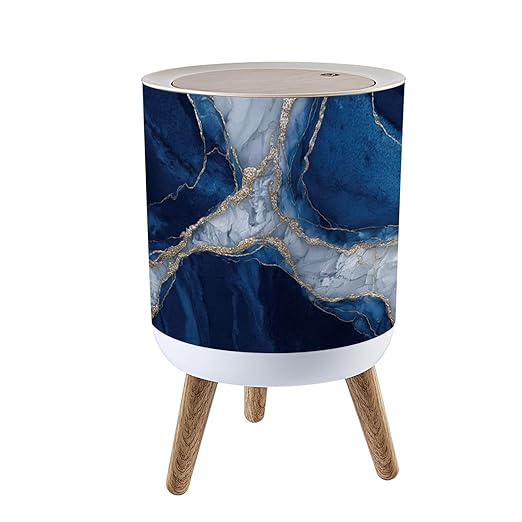 Trash Can with Lid close up view luxurious deep blue marble surface featuring intricate Press Top Round Small Garbage Bin with Wooden Legs Waste Basket for Kitchen Bedroom Nursery 7L/1.8 Gallon