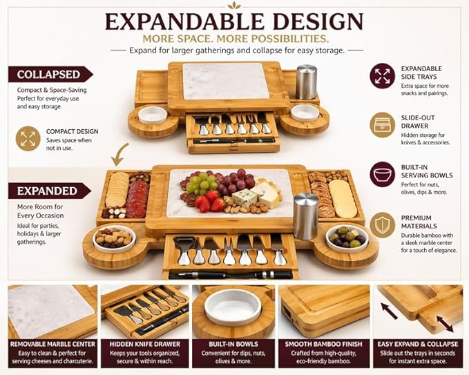 Charcuterie Board Set with Drawer & Bowls, Bamboo Cheese Board with Knife Set & Stainless Steel Bottle Opener, Large Serving Board for Entertaining, Housewarming & Wedding Gifts