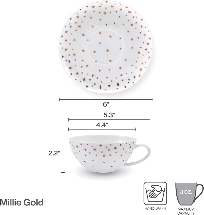 Mikasa Millie Gold Metallic Set of 4 Tea Cups and Saucers, 8 Ounce