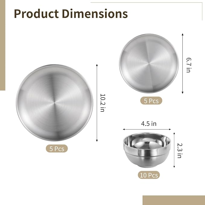 20PCS Stainless Steel Plates and Bowls Sets, Includes 10PCS 6.7 & 10.2 in Plates 10 Pieces Bowls, 304 Reusable Camping Mess Kits for Home Kitchen, Dorm and Outdoor Picnic (Silver-A)